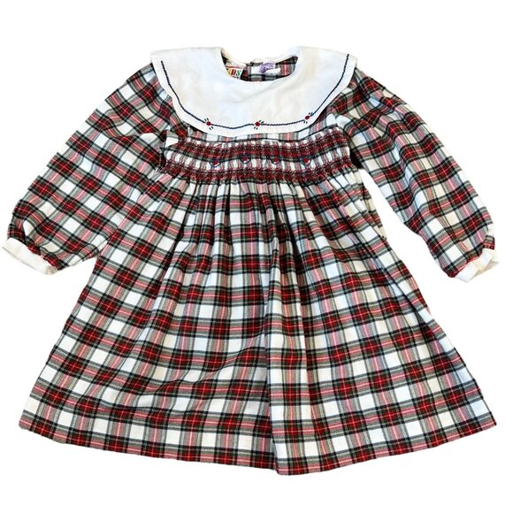 Vintage Hand Smocked Red Plaid Collared Dress Girls 5 Kids Count - Picture 1 of 7